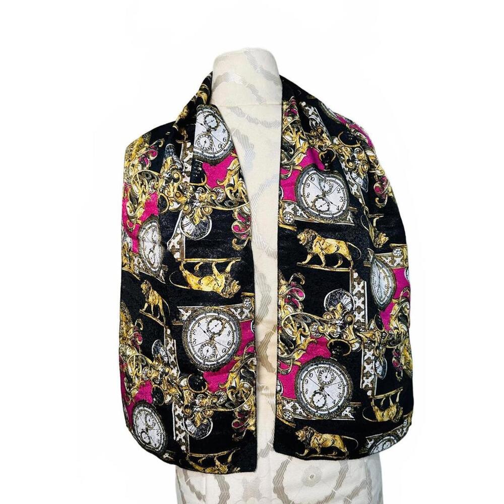Vintage 90's Royalty Baroque Lions Clocks Black/Gold/Pink Satin Scarf
